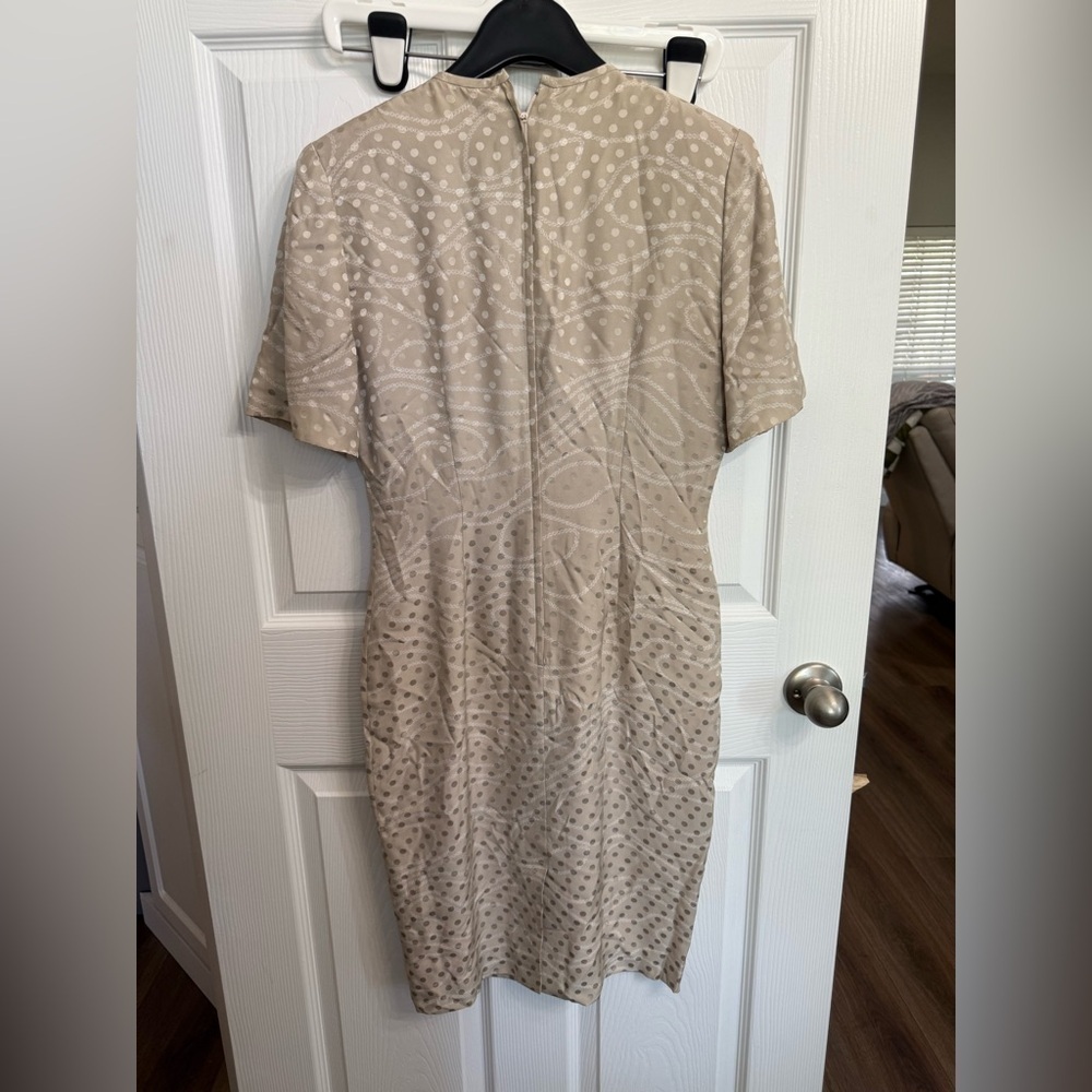 Vintage Albert Nipon 100% Silk Polka Dot Dress Bow Waist Neutral Midi 6 8 - Picture 5 of 5